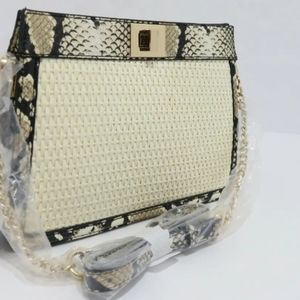 Woman INC International Concepts Pixiee Straw Wht/Blk Snake pattern Satchel